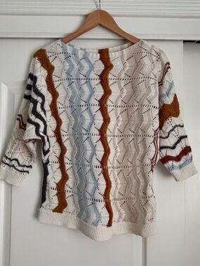 Linen Organic Cotton Open Knit Sweater Top Boho Textured Striped Neutral